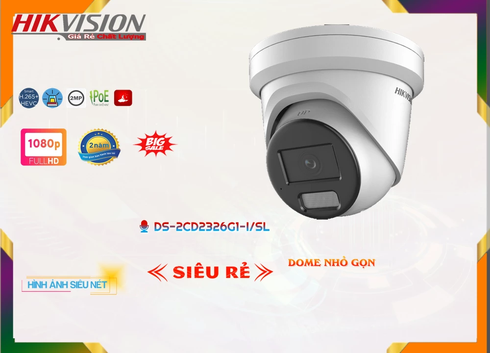 Camera Hikvision Báo Động DS-2CD2326G1-I/SL,DS-2CD2326G1-I/SL Giá Khuyến Mãi, Ip POE Sắc Nét DS-2CD2326G1-I/SL Giá