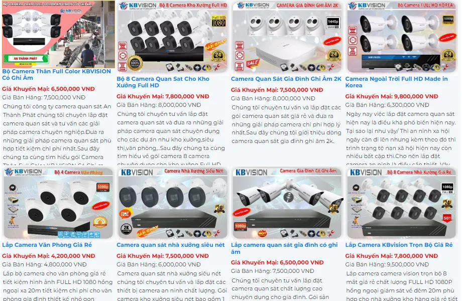 bảng giá sản phẩm camera